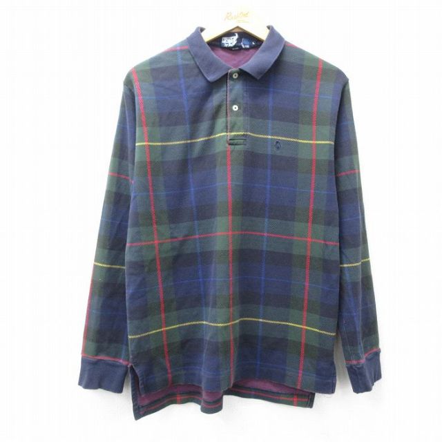 M★古着 ラルフローレン Ralph Lauren 長袖 ブランド ポロ シャツ メンズ 90年代 90s ワンポイントロゴ コットン USA製 緑他 グリーン チェック 【spe】 25sep18 中古 トップス