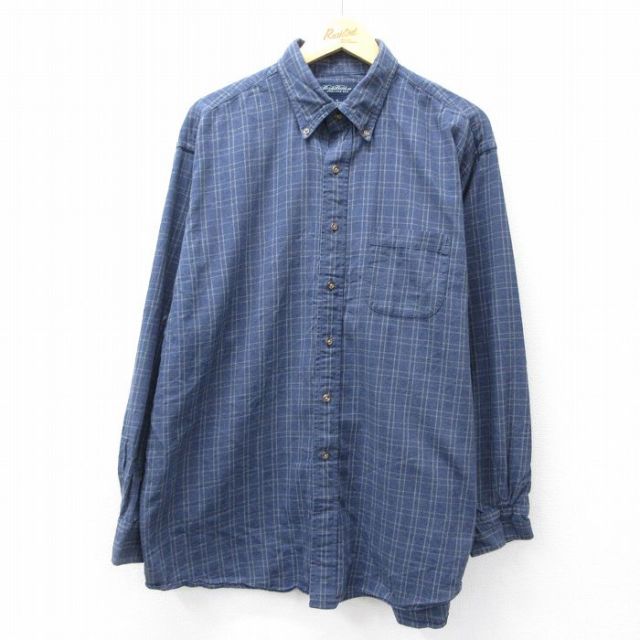 XL★古着 ブルックスブラザーズ BROOKS BROTHERS 長袖 ブランド シャツ メンズ 大きいサイズ ロング丈 コットン ボタンダウン 紺他 ネイビー チェック 25sep18 中古 トップス