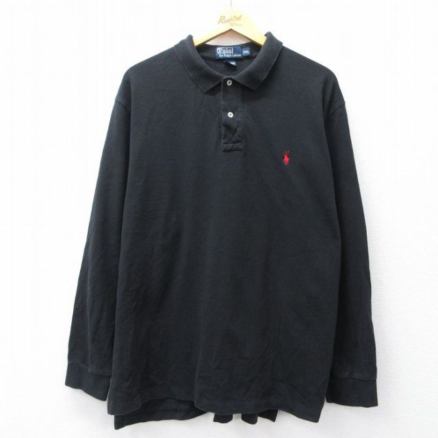 XL★古着 ラルフローレン Ralph Lauren 長袖 ブランド ｐロお シャツ メンズ 90年代 90s ワンポイントロゴ 鹿の子 大きいサイズ コットン 黒 ブラック 25sep18 中古 トップス