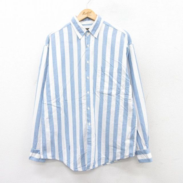 L★古着 エディーバウアー 長袖 ブランド シャツ メンズ 90年代 90s コットン ボタンダウン 薄紺他 ネイビー ストライプ 25sep20 中古 トップス