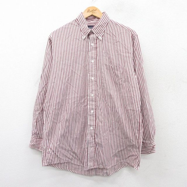 【20%OFF】L★古着 ランズエンド 長袖 ブランド シャツ メンズ 90年代 90s オックスフォード コットン ボタンダウン エンジ他 ストライプ 25sep20 中古 トップス