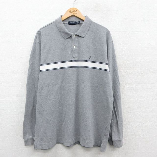 XL★古着 ノーティカ NAUTICA 長袖 ブランド ポロ シャツ メンズ ワンポイントロゴ コットン グレー 霜降り他 25sep22 中古 トップス