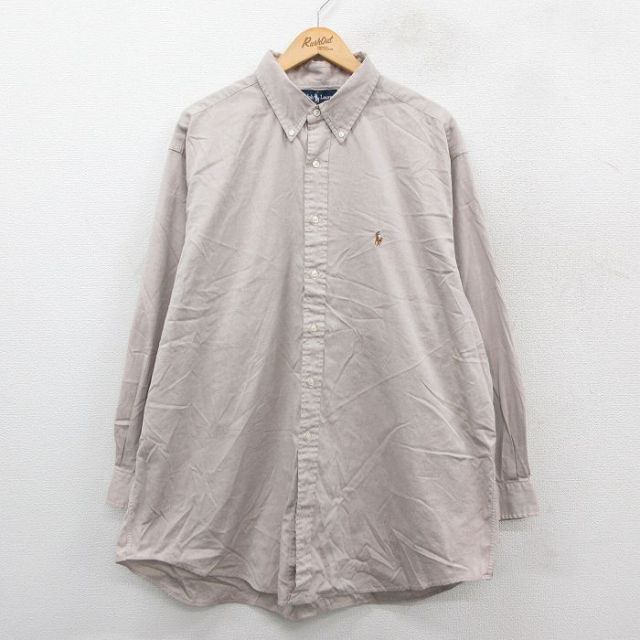 XL★古着 ラルフローレン Ralph Lauren 長袖 ブランド シャツ メンズ 90年代 90s ワンポイントロゴ オックスフォード YARMOUTH 大きいサイズ ロング丈 コットン ボタンダウン ベージュ カーキ 25sep22 中古 トップス
