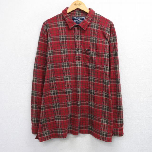 XL★古着 ラルフローレン Ralph Lauren ポロスポーツ 長袖 ブランド シャツ メンズ ワンポイントロゴ 大きいサイズ コットン 赤他 レッド チェック 【spe】 25sep25 中古 トップス