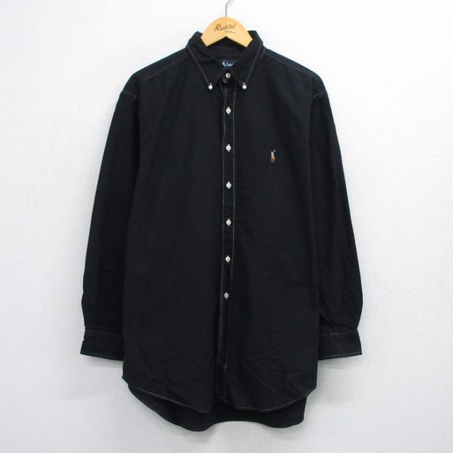 XL★古着 ラルフローレン Ralph Lauren 長袖 ブランド シャツ メンズ 90年代 90s ワンポイントロゴ YARMOUTH 大きいサイズ ロング丈 コットン ボタンダウン 黒 ブラック 25sep25 中古 トップス