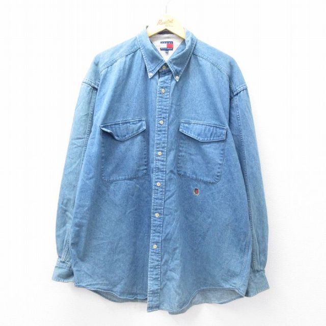 XL★古着 トミーヒルフィガー TOMMY HILFIGER 長袖 ブランド シャツ メンズ 90年代 90s ワンポイントロゴ 大きいサイズ ロング丈 コットン ボタンダウン 紺 ネイビー デニム 25oct03 中古 トップス