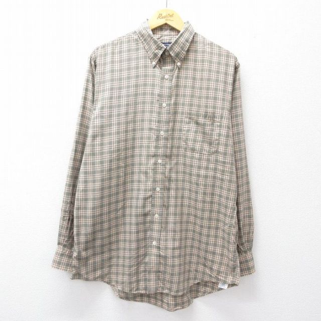 XL★古着 ランズエンド 長袖 ブランド シャツ メンズ 00年代 00s ロング丈 コットン ボタンダウン ベージュ他 カーキ チェック 25oct03 中古 トップス