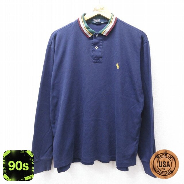 ラルフローレン 90s 長袖ポロシャツ ワンポイントロゴ ネイビー XL | 古着