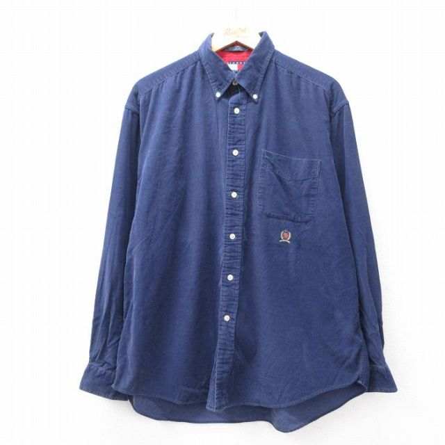 XL★古着 トミーヒルフィガー TOMMY HILFIGER 長袖 ブランド シャツ メンズ 90年代 90s ワンポイントロゴ コーデュロイ 大きいサイズ コットン ボタンダウン 濃紺 ネイビー 25oct03 中古 トップス