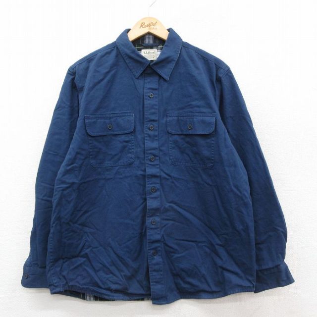 XL★古着 エルエルビーン LLBEAN 長袖 ブランド シャツ メンズ 00年代 00s コットン 紺 ネイビー 内側フランネル 25oct07 中古 トップス