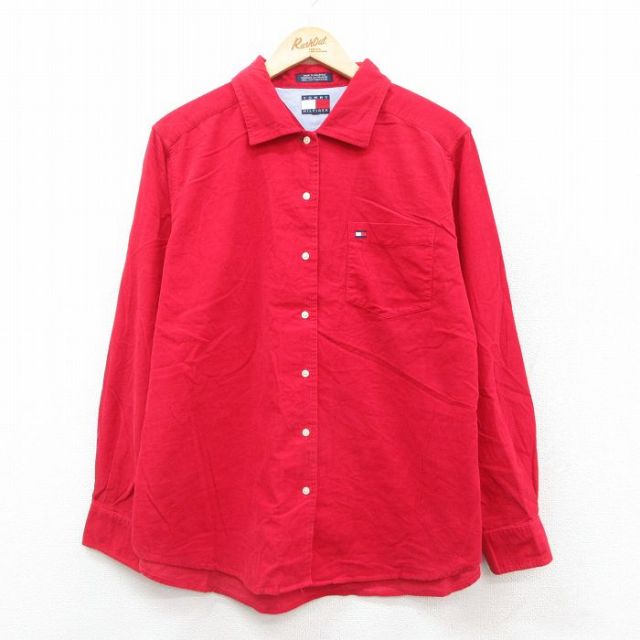 XL★古着 トミーヒルフィガー TOMMY HILFIGER 長袖 ブランド シャツ レディース 90年代 90s ワンポイントロゴ コーデュロイ コットン 赤 レッド 25oct07 中古 メンズ トップス