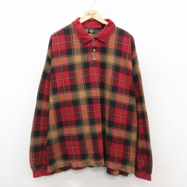 XL★古着 ドッカーズ 長袖 ブランド ポロ シャツ メンズ 90年代 90s 大きいサイズ コットン USA製 赤他 レッド チェック 【spe】 25oct07 中古 トップス