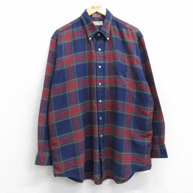 【20%OFF】XL★古着 エルエルビーン LLBEAN 長袖 ブランド シャツ メンズ 80年代 80s 大きいサイズ ロング丈 ボタンダウン USA製 紺他 ネイビー チェック 【spe】 25oct14 中古 トップス