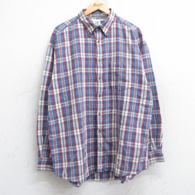 XL★古着 ギャップ GAP 長袖 ブランド シャツ メンズ 00年代 00s 大きいサイズ コットン ボタンダウン 薄紺 ネイビー チェック 25oct14 中古 トップス