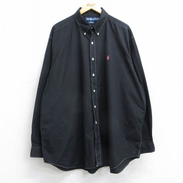 XL★古着 ラルフローレン Ralph Lauren 長袖 ブランド シャツ メンズ 90年代 90s ワンポイントロゴ BLAKE 大きいサイズ ロング丈 コットン ボタンダウン 黒 ブラック 25oct14 中古 トップス