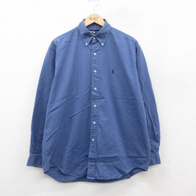 XL★古着 ラルフローレン Ralph Lauren 長袖 ブランド シャツ メンズ 90年代 90s ワンポイントロゴ BLAIRE コットン ボタンダウン 薄紺 ネイビー 25oct15 中古 トップス