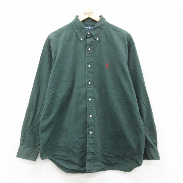 XL★古着 ラルフローレン Ralph Lauren 長袖 ブランド シャツ メンズ 90年代 90s ワンポイントロゴ BLAIRE ロング丈 コットン ボタンダウン 緑 グリーン 25oct15 中古 トップス
