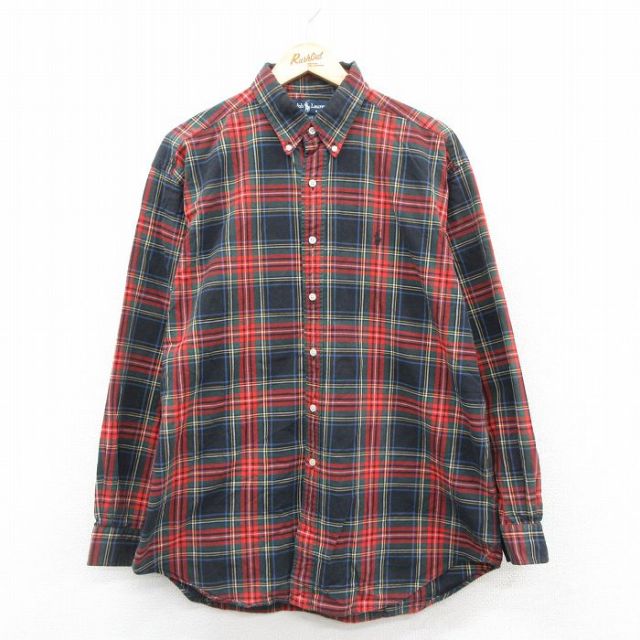 XL★古着 ラルフローレン Ralph Lauren 長袖 ブランド シャツ メンズ 90年代 90s ワンポイントロゴ BLAKE 大きいサイズ ロング丈 コットン ボタンダウン 赤他 レッド チェック 25oct15 中古 トップス