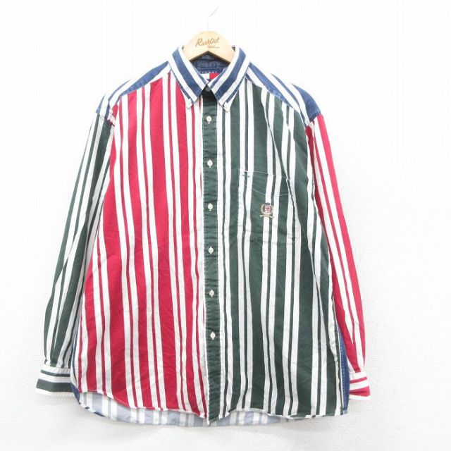 XL★古着 トミーヒルフィガー TOMMY HILFIGER 長袖 ブランド シャツ メンズ 90年代 90s ワンポイントロゴ コットン ボタンダウン 白他 ホワイト チェック 25oct15 中古 トップス