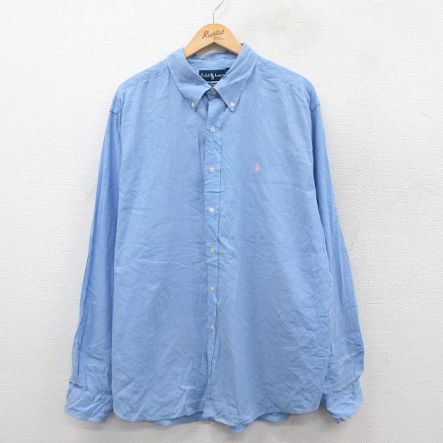 XL★古着 ラルフローレン Ralph Lauren 長袖 ブランド シャツ メンズ 90年代 90s ワンポイントロゴ 大きいサイズ ロング丈 リネン ボタンダウン 薄紺 ネイビー 25oct15 中古 トップス