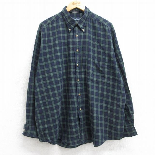 【20%OFF】XL★古着 ノーティカ NAUTICA 長袖 ブランド シャツ メンズ 90年代 90s 大きいサイズ コットン ボタンダウン 緑他 グリーン タータン チェック ブラックウォッチ 【spe】 25oct18 中古 トップス