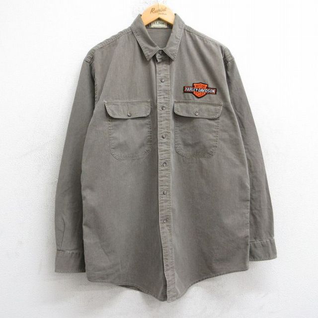 L★古着 エルエルビーン LLBEAN 長袖 ブランド シャツ メンズ 80年代 80s ハーレーダビッドソン Harley Davidson ロング丈 コットン USA製 茶系 ブラウン 【spe】 25oct18 中古 トップス
