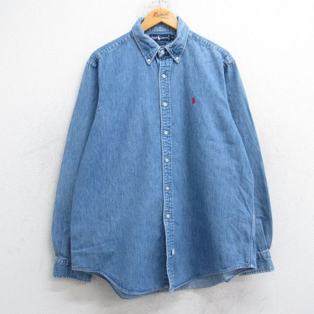 XL★古着 ラルフローレン Ralph Lauren 長袖 ブランド シャツ メンズ 90年代 90s ワンポイントロゴ 大きいサイズ ロング丈 コットン ボタンダウン 紺 ネイビー デニム 【spe】 25oct20 中古 トップス