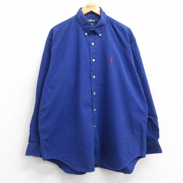 XL★古着 ラルフローレン Ralph Lauren 長袖 ブランド シャツ メンズ 90年代 90s ワンポイントロゴ BLAIRE 大きいサイズ ロング丈 コットン ボタンダウン 青 ブルー 25oct20 中古 トップス