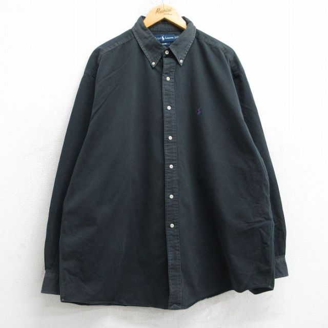 XL★古着 ラルフローレン Ralph Lauren 長袖 ブランド シャツ メンズ 90年代 90s ワンポイントロゴ BLAKE 大きいサイズ ロング丈 コットン ボタンダウン 黒 ブラック 25oct20 中古 トップス