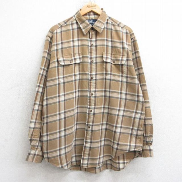 XL★古着 ラルフローレン Ralph Lauren 長袖 ブランド シャツ メンズ 90年代 90s HALPERN 大きいサイズ ベージュ他 カーキ チェック 【spe】 25oct20 中古 トップス