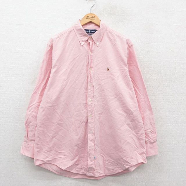 XL★古着 ラルフローレン Ralph Lauren 長袖 ブランド シャツ メンズ 90年代 90s ワンポイントロゴ オックスフォード 大きいサイズ ロング丈 コットン ボタンダウン ピンク 25oct22 中古 トップス