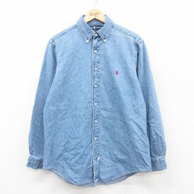 L★古着 ラルフローレン Ralph Lauren 長袖 ブランド シャツ メンズ 90年代 90s ワンポイントロゴ コットン ボタンダウン 紺 ネイビー デニム 【spe】 25oct22 中古 トップス