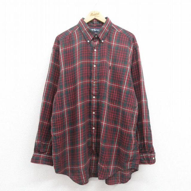 XL★古着 ラルフローレン Ralph Lauren 長袖 ブランド シャツ メンズ 90年代 90s BLAIRE ワンポイントロゴ 大きいサイズ ロング丈 コットン ボタンダウン 緑 グリーン チェック 25oct23 中古 トップス