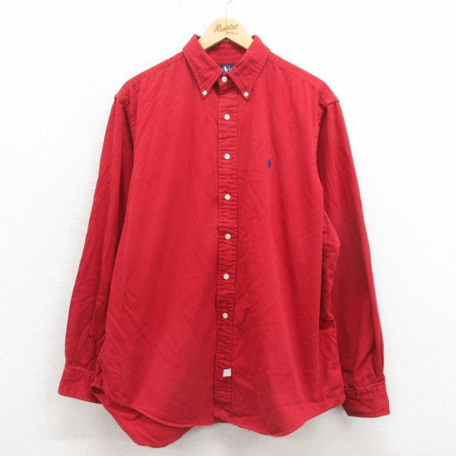 XL★古着 ラルフローレン Ralph Lauren 長袖 ブランド シャツ メンズ 90年代 90s ワンポイントロゴ 大きいサイズ コットン ボタンダウン エンジ 25oct23 中古 トップス