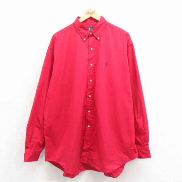 【20%OFF】XL★古着 ラルフローレン Ralph Lauren 長袖 ブランド シャツ メンズ 90年代 90s ワンポイントロゴ BLAIRE 大きいサイズ コットン ボタンダウン 赤 レッド 25oct23 中古 トップス