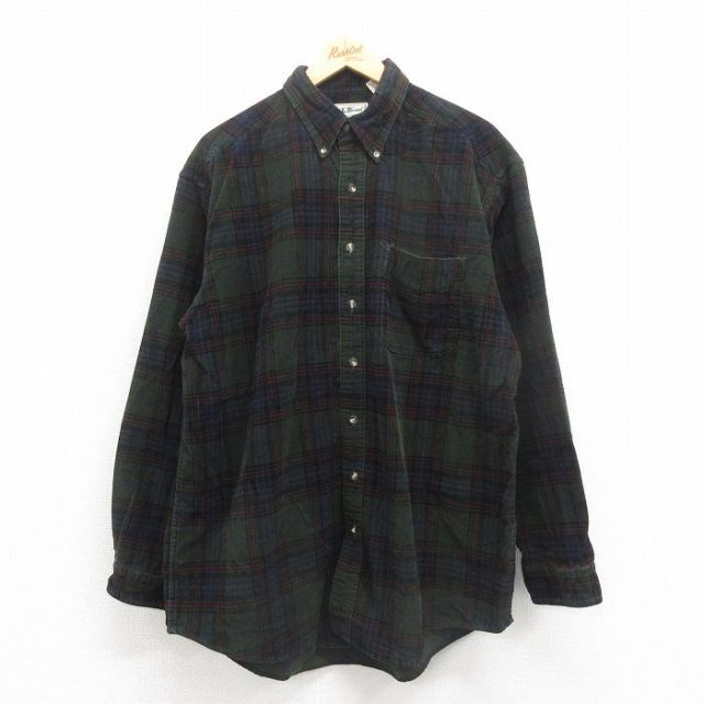 【20%OFF】XL★古着 エルエルビーン LLBEAN 長袖 ブランド シャツ メンズ 90年代 90s コーデュロイ 大きいサイズ コットン ボタンダウン 緑 グリーン チェック 【spe】 25oct23 中古 トップス
