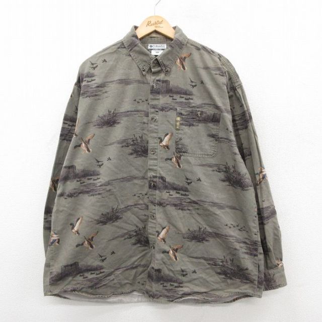 XL★古着 コロンビア COLUMBIA 長袖 ブランド シャツ メンズ 00年代 00s 鳥 総柄 大きいサイズ コットン ボタンダウン 濃緑系他 グリーン 25oct23 中古 トップス