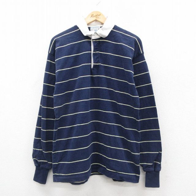 【20%OFF】M★古着 ランズエンド 長袖 ブランド ラガー シャツ メンズ 90年代 90s コットン USA製 紺 ネイビー ボーダー 【spe】 25oct23 中古 トップス