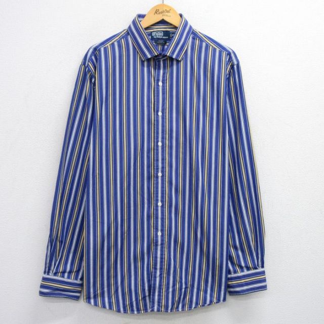 XL★古着 ラルフローレン Ralph Lauren 長袖 ブランド シャツ メンズ 90年代 90s REGENT 大きいサイズ ロング丈 コットン 青他 ブルー ストライプ 25oct24 中古 トップス