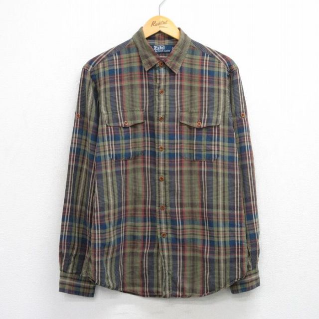 XL★古着 ラルフローレン Ralph Lauren 長袖 ブランド シャツ メンズ 90年代 90s リネン 濃緑他 グリーン チェック 25oct24 中古 トップス