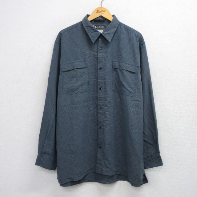 XL★古着 コロンビア COLUMBIA 長袖 ブランド シャツ メンズ XCO 大きいサイズ ロング丈 紺他 ネイビー チェック 25oct24 中古 トップス