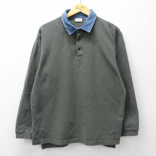 L★古着 エルエルビーン LLBEAN 長袖 ブランド ポロ シャツ メンズ 90年代 90s 襟デニム 鹿の子 緑他 グリーン 【spe】 25oct27 中古 トップス