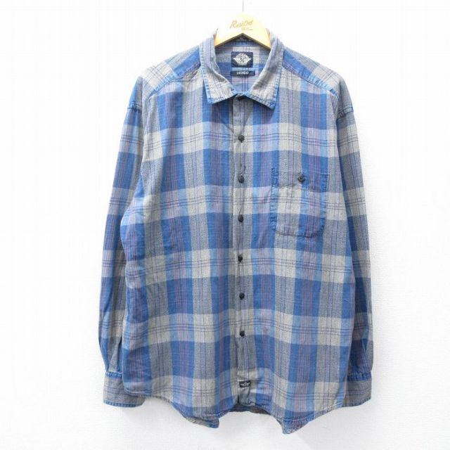 XL★古着 ドッカーズ 長袖 ブランド シャツ メンズ 90年代 90s インディゴ 大きいサイズ コットン 紺他 ネイビー チェック 25oct27 中古 トップス