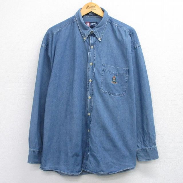 【20%OFF】XL★古着 ラルフローレン Ralph Lauren チャップス 長袖 ブランド シャツ メンズ 90年代 90s ワンポイントロゴ 大きいサイズ コットン ボタンダウン 紺 ネイビー デニム 25nov04 中古 トップス