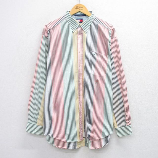 XL★古着 トミーヒルフィガー TOMMY HILFIGER 長袖 ブランド シャツ メンズ 90年代 90s ワンポイントロゴ 大きいサイズ ロング丈 クレイジーパターン コットン ボタンダウン 緑他 グリーン ストライプ 25nov04 中古 トップス