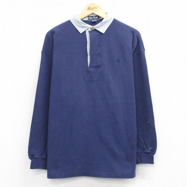 XL★古着 ノーティカ NAUTICA 長袖 ブランド ラガー シャツ メンズ 90年代 90s ワンポイントロゴ 鹿の子 コットン 紺 ネイビー 25nov04 中古 トップス