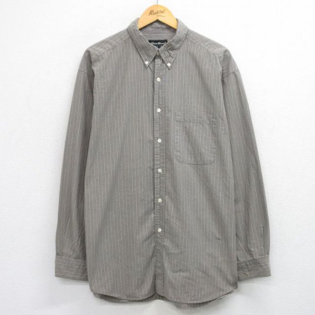XL★古着 エディーバウアー 長袖 ブランド シャツ メンズ 00年代 00s 大きいサイズ ロング丈 コットン ボタンダウン グレー系 ストライプ 25nov04 中古 トップス