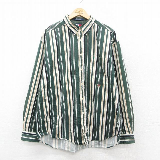 トミーヒルフィガー 90s 長袖シャツ ストライプ グリーン XL | 古着