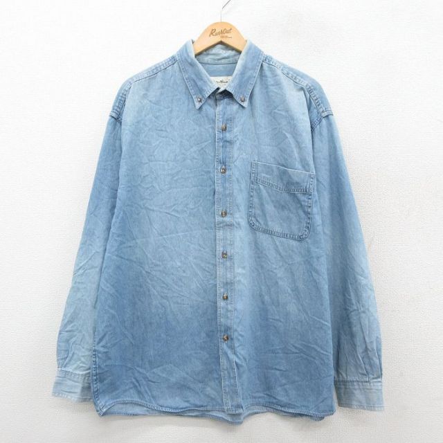 XL★古着 エディーバウアー 長袖 ブランド シャツ メンズ 00年代 00s 大きいサイズ ロング丈 コットン ボタンダウン 薄紺 デニム 25nov11
