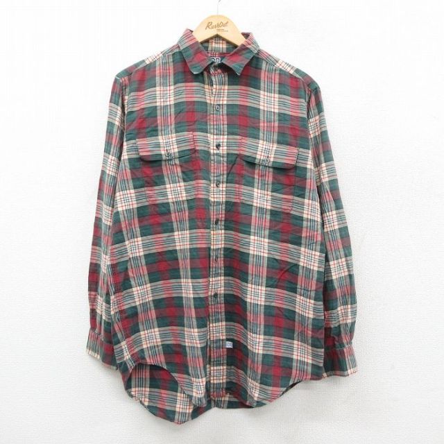 L★古着 ラルフローレン 長袖 ブランド シャツ メンズ 90年代 90s ロング丈 コットン 緑他 チェック 25nov11